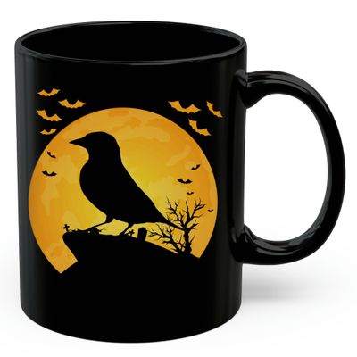 European Goldfinch Silhouette Halloween Moonlight Coffee Mug Black Ceramic 11oz Wild Animal Lover Gifts