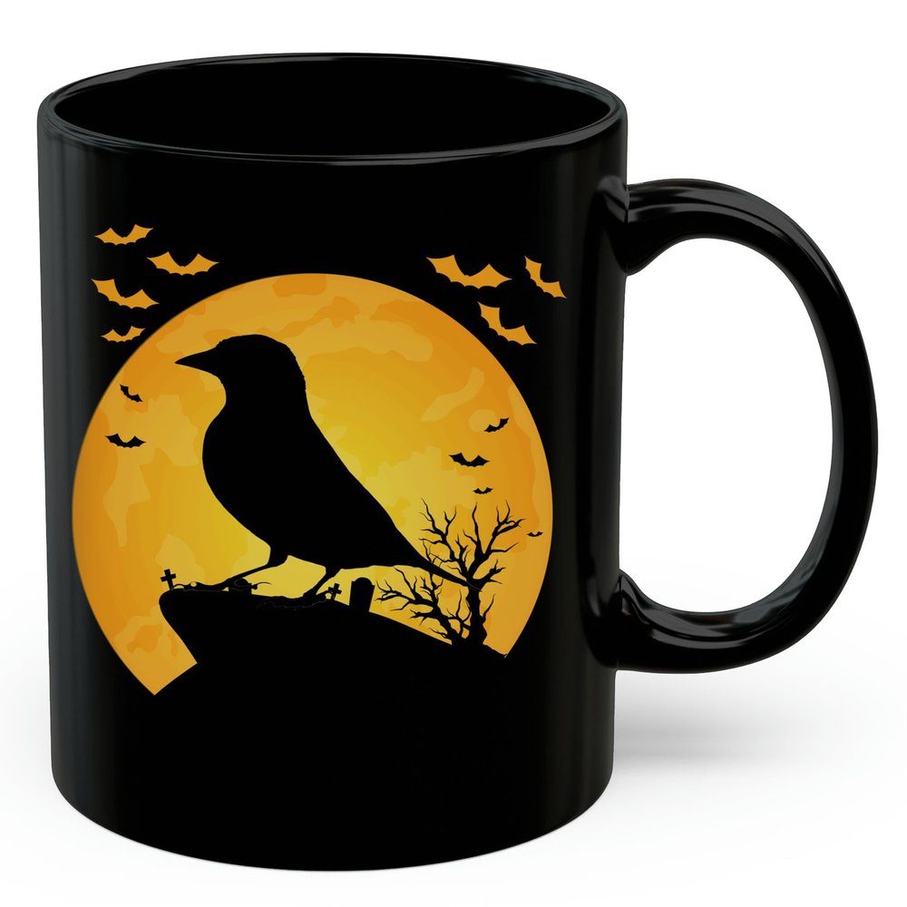 European Goldfinch Silhouette Halloween Moonlight Coffee Mug Black Ceramic 11oz Wild Animal Lover Gifts