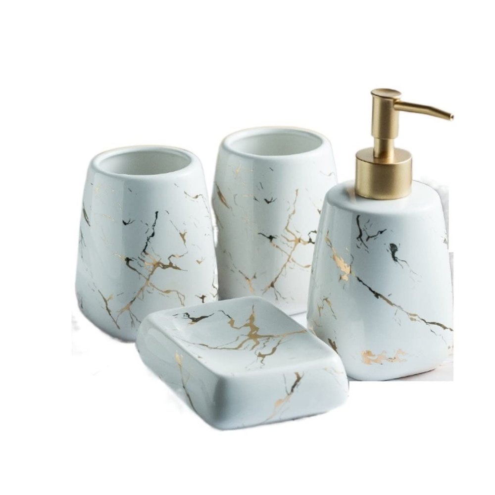 ERoomQ Bathroom Accessory Set Bathroom Accessories Set Marble Look Bathroom Vanity Countertop Accessory Set Creative Ceramics Bath Set for Housewarming Gift Bath Accessory Set (White 4pcs)