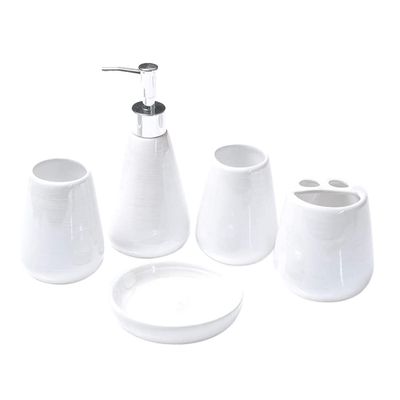 ERoomQ Bathroom Accessory Set Bathroom Accessories Set 5 Piece Bathroom Accessories Set Pearly Appearance Bath Ensemble Ceramic Bath Set with Liquid Soap Dispenser Bath Accessory Set (White)