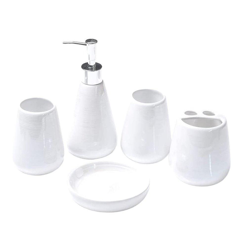 ERoomQ Bathroom Accessory Set Bathroom Accessories Set 5 Piece Bathroom Accessories Set Pearly Appearance Bath Ensemble Ceramic Bath Set with Liquid Soap Dispenser Bath Accessory Set (White)