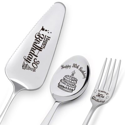Happy 30th Birthday Personalized Laser-Engraved Stainless Steel Birthday Party Utensil Set - Cake Server, Spoon, and Fork for Son Daughter Husband Wife