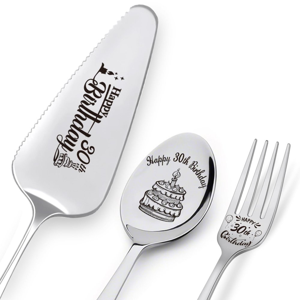 Happy 30th Birthday Personalized Laser-Engraved Stainless Steel Birthday Party Utensil Set - Cake Server, Spoon, and Fork for Son Daughter Husband Wife