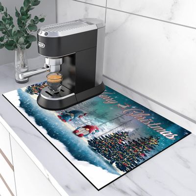 UGTEWXU Merry Christmas Coffee Mats - 12x19 Inch Coffee Bar Mats, Absorbent, Hide Stain, Rubber Backed Dish Drying Mats for Kitchen Counter