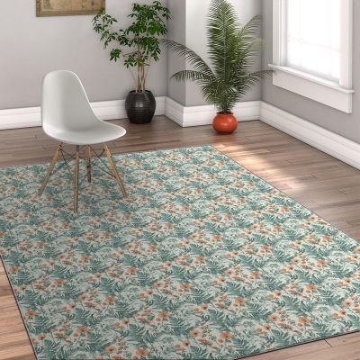 Cartoon Style Flower Area Rug for Living Room Bedroom Decor Boho Florals Trendy Low Pile Carpets Non-Slip Green Indoor Mats 2' x 3'