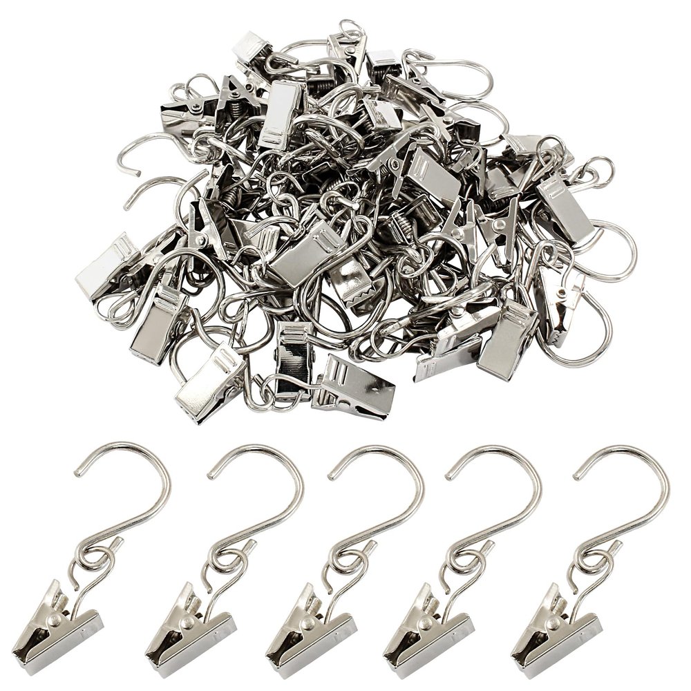 Hordion 50PCS Curtain Clips with S Hooks, Party String Light Hanging Clips 2.4 Inch Long, Stainless Steel Curtain Hanger Clamps for Art Craft Display Courtyards Decoration, Silver