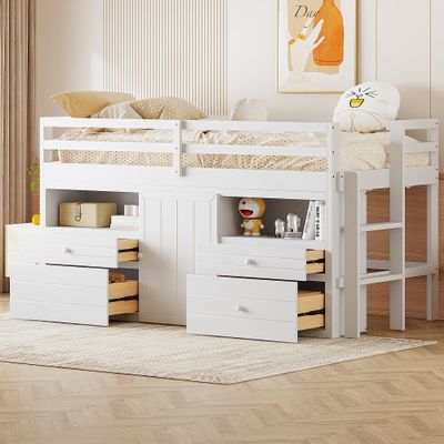 Merax Twin Size Loft Bed with 4 Drawers, Wood Twin Loft Bed Frame with Underneath Cabinet and Shelves, White