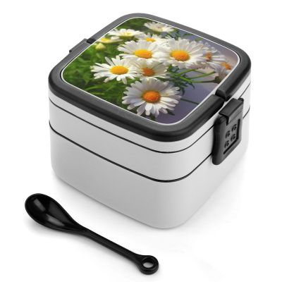 NONHAI Daisy Flowers Bento Box Adult Lunch Box Double Layer Insulated Bento Lunch Boxes with Spoon Stackable Salad Lunch Containers Versatile Leak-Proof Lunchbox for Adults 1000 Ml