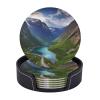 Coasters for Drinks 6 Pcs Round Leather Coasters Norwegian Fjords Drink Coasters with Holder Waterproof Coaster Sets Heat Resistant Cup Pads Mug Cup Mats for Kitchen Bar Living Room Home Decor view 1