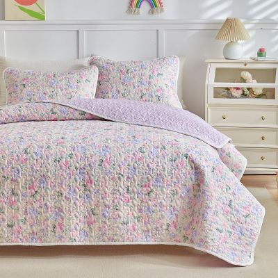 Joyreap 3 Pieces Cotton Quilt Set for Girls, Queen Size Purple n Pink Flowers Violet Floral Design, Cozy Lightweight Quilt Bedspread Bed Cover for All Season- 90x90 inches