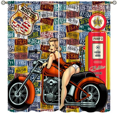 AAVEUP Motorcycle Blackout Curtains for Bedroom,Vintage Country Old Number Plate Gas Station Route Sign Beautiful Girl Window Drapes Print for Boys Girls Juvenile Bedroom Depot Living Room 84x84in