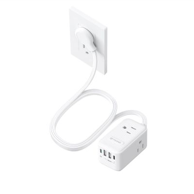 TROND 20W USB C Travel Power Strip - Ultra Thin Flat Plug, Small 5ft Extension Cord Wall Mount, 3 Side Outlet Extender for Nightstand, Dresser, Couch, TV, Cruise Essentials, White