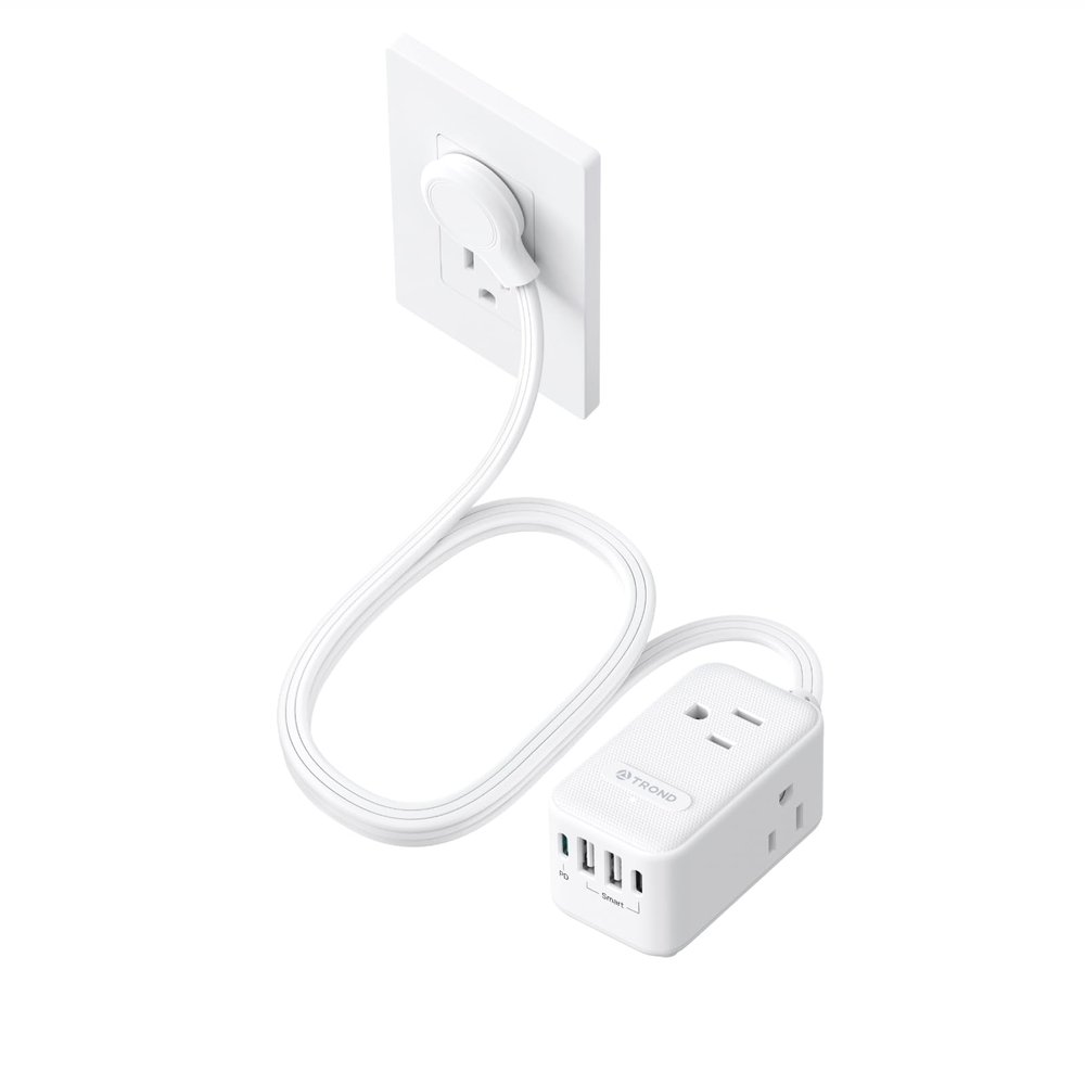 TROND 20W USB C Travel Power Strip - Ultra Thin Flat Plug, Small 5ft Extension Cord Wall Mount, 3 Side Outlet Extender for Nightstand, Dresser, Couch, TV, Cruise Essentials, White