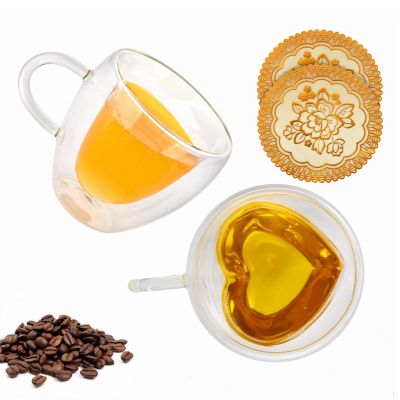 QHYK Double Wall Heart Shaped Coffee Mugs Set of 2, Espresso Glass Cups with Handle, for Coffee, Latte, Tea, Wine cup, Party, Gifts, 8oz/240Ml (with Exquisite Coasters)