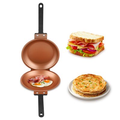 Double Frying Pan Flip Frying Pan Non Stick Double Sided Pan Household Kitchen Cookware for Egg Pancake Toasted Bread, Double Pan Omelette Pan to Use at Gas Stove