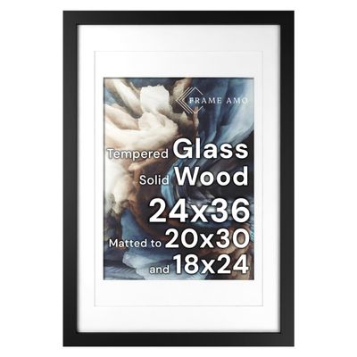 Frame Amo 24x36 Black Solid Wood Poster Frame, White Multi Mat for 20x30 and 18x24 Image, Tempered Glass Front, 1.5 inch Wide, 1 inch Thick, High-End, Heavy-Duty, Gallery Grade & Acid-Free