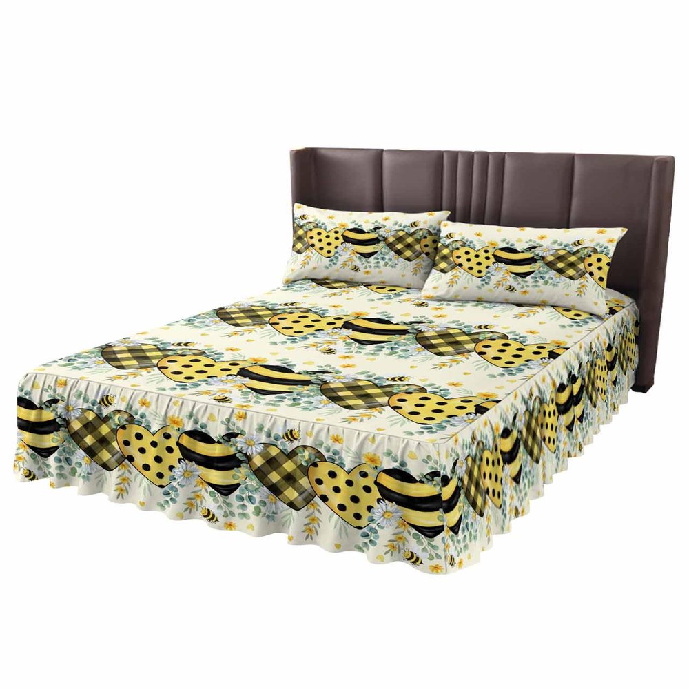 Bee Love Heart Bed Skirt for Cal King Size Bed,Wrap Around Bedding Skirt Gathered Dust Ruffle Bedskirt Sets With 2 Packs Matching Pillow Covers 36"x20",Yellow Spring Floral Green Eucalyptus Plaid