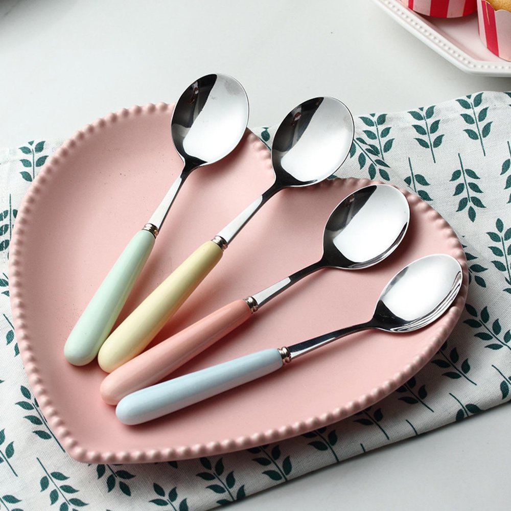 KFANXILET Ceramic Handle Colored Stainless Steel Spoon Cutlery Fine Soup Spoon Rice Spoon, Light Yellow