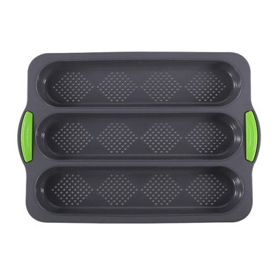 ABPETE Bread Loaf Pan for Baking: Silicone Loaf Pan Nonstick Easy Unmold and Clean,Bread Pans for Baking Baguettes Hot Dogs Sandwiches,Oven Safe,-40 to 230 (Gray+Green, 3 Grids)