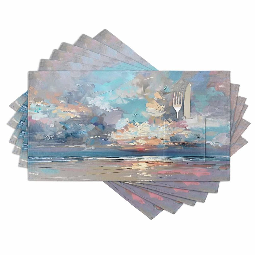 Abstract Coastal Placemats Set of 6, Woven Placemat Washable Wipeable Table Placemat with Pocket, Holiday Cloth Table Mat for Party Kichen Dinner Modern Blue Grey Brown Summer Street Art