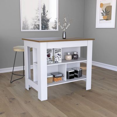Versatile Kitchen Island Workstation  Modern & Spacious Design with Protective Silver Nanoparticle Top, Three Open Shelves, Easy Assembly, Ideal for Meal Prep & Storage (White+Walnut)