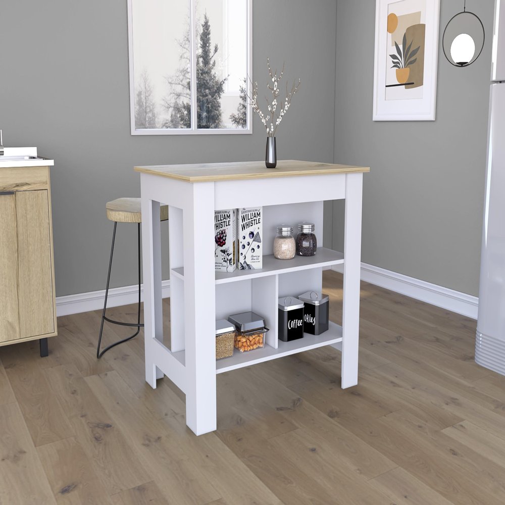 Versatile Kitchen Island Workstation Modern & Spacious Design with Protective Silver Nanoparticle Top, Three Open Shelves, Easy Assembly, Ideal for Meal Prep & Storage (White-Light Oak)