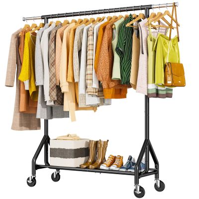 HYSEYY Heavy Duty Clothes Rack Load 450 LBS, Metal Garment Rack, Standing Rolling Clothing Rack for Hanging Clothes with Sturdy Wheels & Shelves, Portable Closet Wardrobe Rack,Black