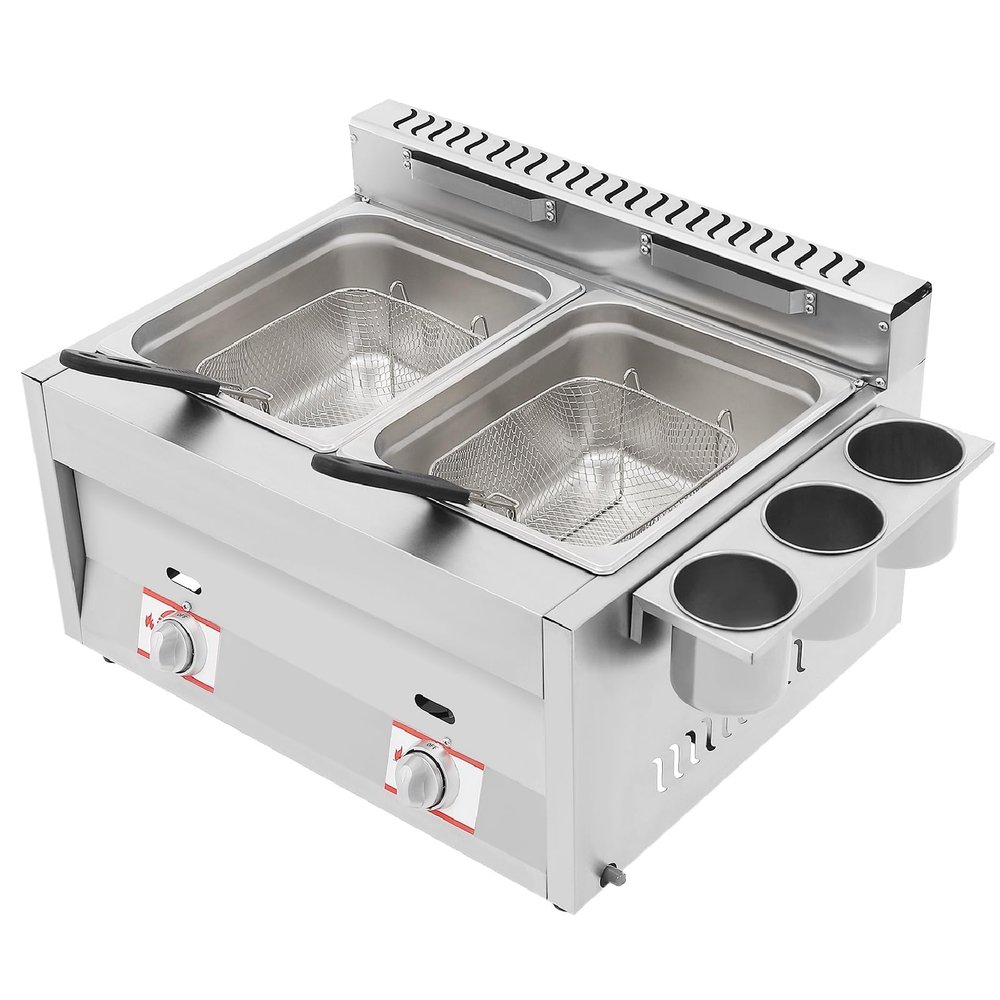 Commercial Countertop Gas Deep Fryer, Stainless Steel Gas Frying Machine with 6L/6.3Qt*2 Buskets and Removable Lids, Dual Tank Fryer for French Fries Restaurant Home Kitchen