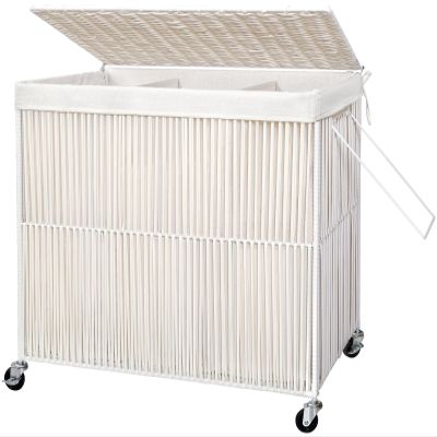 WOWLIVE Laundry Hamper with Wheels, 160L Handwoven Rolling Laundry Basket 3 Section with Lid, Clothes Hamper with 3 Removable Liner Bags, Large Laundry Sorter Laundry Room Organization, Creamy White