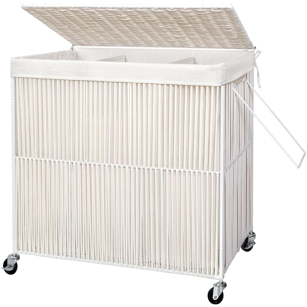 WOWLIVE Laundry Hamper with Wheels, 160L Handwoven Rolling Laundry Basket 3 Section with Lid, Clothes Hamper with 3 Removable Liner Bags, Large Laundry Sorter Laundry Room Organization, Creamy White