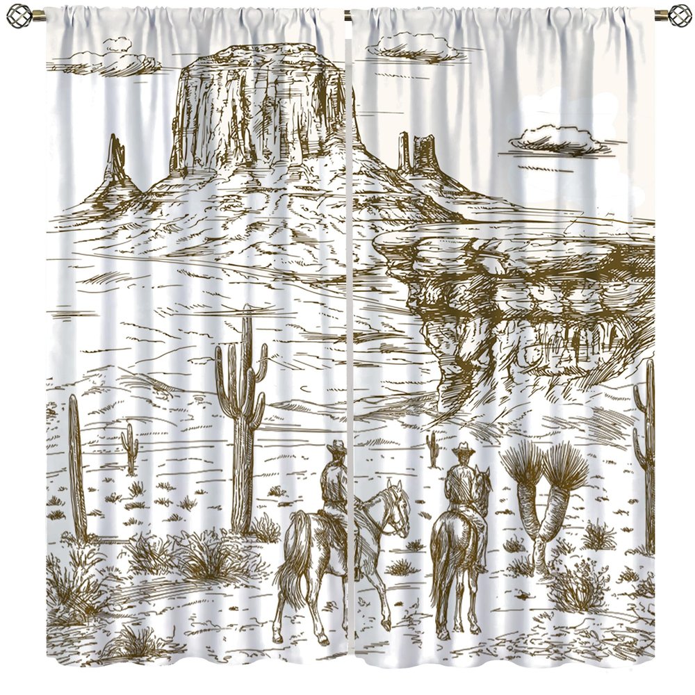 AAVEUP Western Cowboy Blackout Curtains for Kids,Simple Hand Drawn Western Desert Cactus Canyon Horses Cowboy Adventure Window Drapes Print for Boys Juvenile Childcare Bedroom Nursery 52x84in