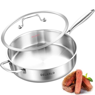 DELARLO Tri-Ply Stainless Steel 7QT Jumbo Cooker Saute Pan With Lid, 12.5 Inch Deep Frying Pan, Induction Large Skillet, Cooker Pan for Chefs, Dishwasher & Oven Safe