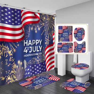 Bullpiano 4Pcs Patriotic Shower Curtain Set, American Flag Star Bathroom Decor with Hook, 4th of July Shower Curtain Sets with Rug, Waterproof Bathroom Set Independence Day Gift (03)