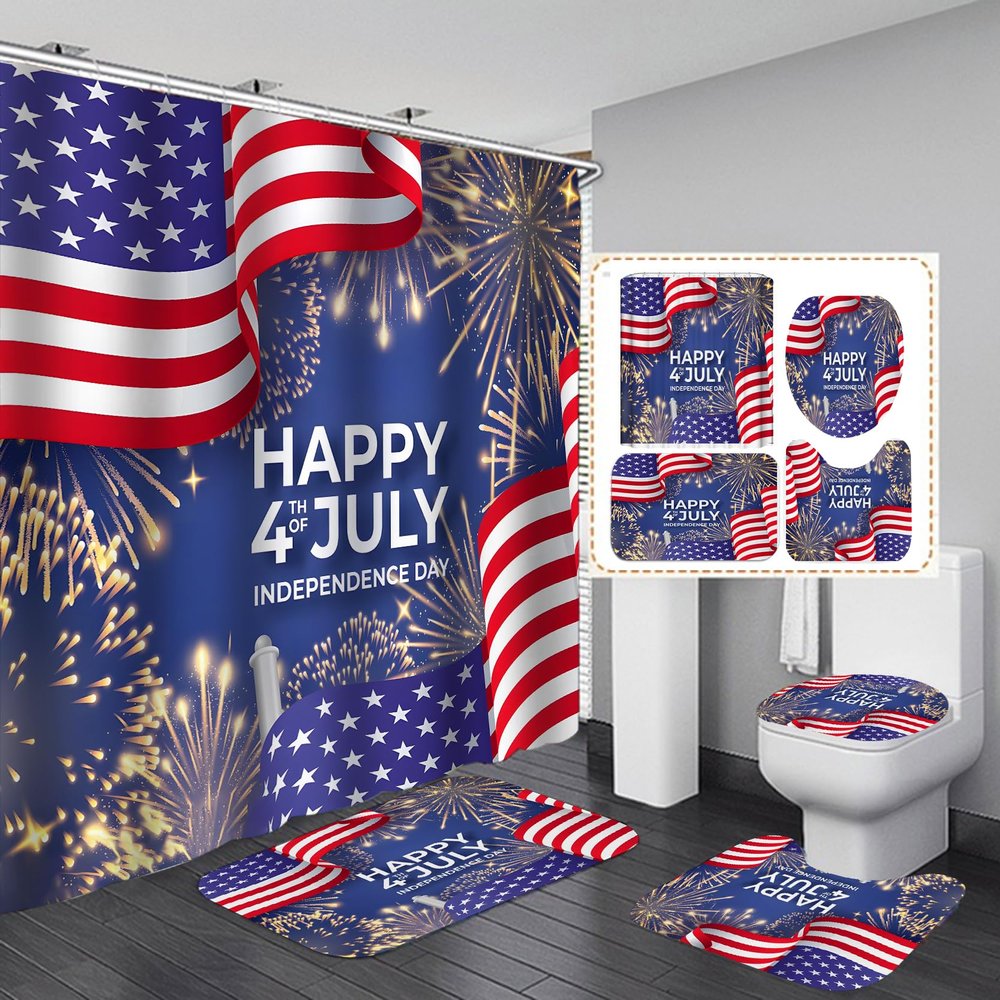 Bullpiano 4Pcs Patriotic Shower Curtain Set, American Flag Star Bathroom Decor with Hook, 4th of July Shower Curtain Sets with Rug, Waterproof Bathroom Set Independence Day Gift (03)