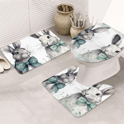 BTCOWZRV Rabbit with Bow Tie Bathroom Rug Set 3 Piece Includes Bath Rug, Contour Mat and Toilet Lid Cover Non-Slip Absorbent Bath Mats Shower Mats Soft Microfiber Floor Mat