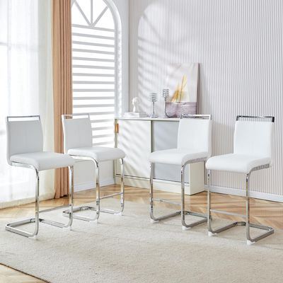 LUFTUT Bar Stools Set of 4,25" Counter Height Bar Stools with Footrest,White Faux Leather Kitchen Stools with Chrome Plated Metal Leg,Counter Height Stools Ideal for Island Pub Kitchen Counter.
