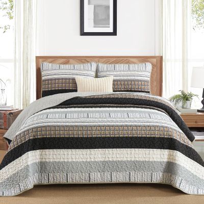 DJY Striped Quilt Set Queen Size, Brown Boho Bedspread Set 3 Pieces Patchwork Coverlet Bedding Set Lightweight Soft Microfiber for All Season (96"x90")