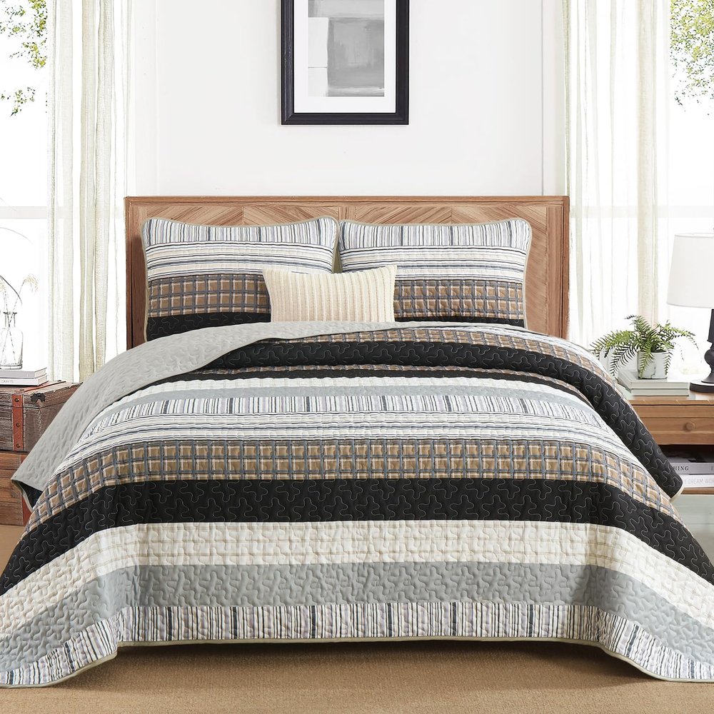 DJY Striped Quilt Set Queen Size, Brown Boho Bedspread Set 3 Pieces Patchwork Coverlet Bedding Set Lightweight Soft Microfiber for All Season (96"x90")