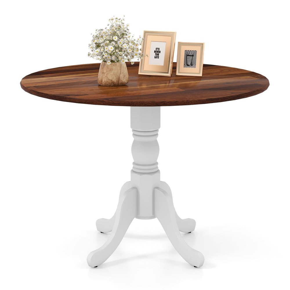 COSTWAY Round Dining Table for 4, 39 inch Kitchen Table with Solid Rubber Wood Frame, Adjustable Foot Pads, Curved Trestle Legs, Mid Century Rustic Dinning Table for Living Room (Walnut+White)