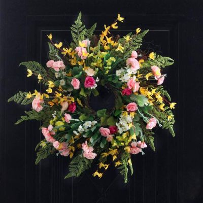 23.6 Inch Artificial Spring Wreaths, Front Door Wreath Indoor Outdoor Decorative Hanging Wreath, Spring Summer Flower Wreaths for All Seasons Door Wall Window Festival Farmhouse Mother's Day(#1)