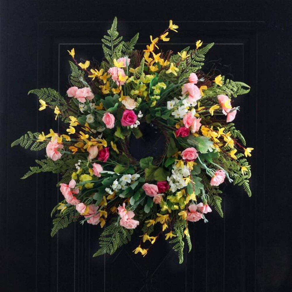 23.6 Inch Artificial Spring Wreaths, Front Door Wreath Indoor Outdoor Decorative Hanging Wreath, Spring Summer Flower Wreaths for All Seasons Door Wall Window Festival Farmhouse Mother's Day(#1)