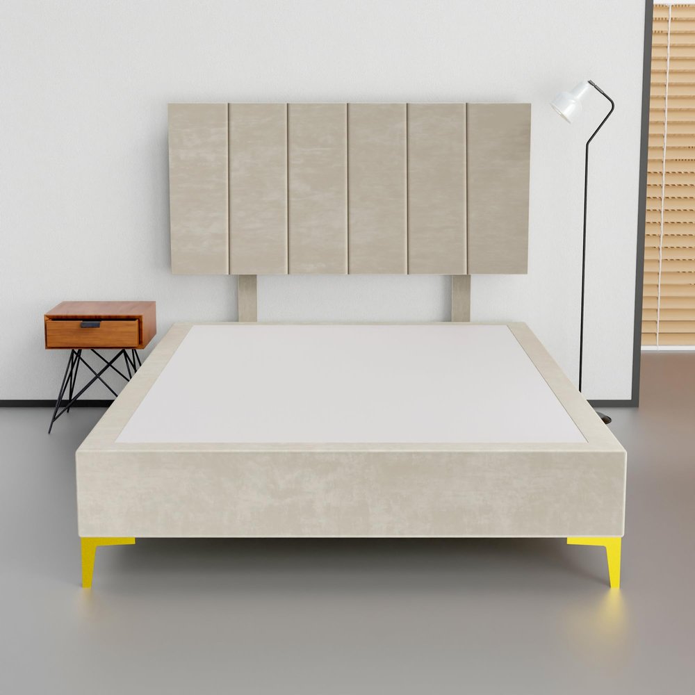 Greaton, 15 Premium Velvet Material Wood Platform Bed with Headboard, Durable, Stylish, Multi Colour Options, No Box Spring Needed, Golden Metal Legs, Queen, Taupe
