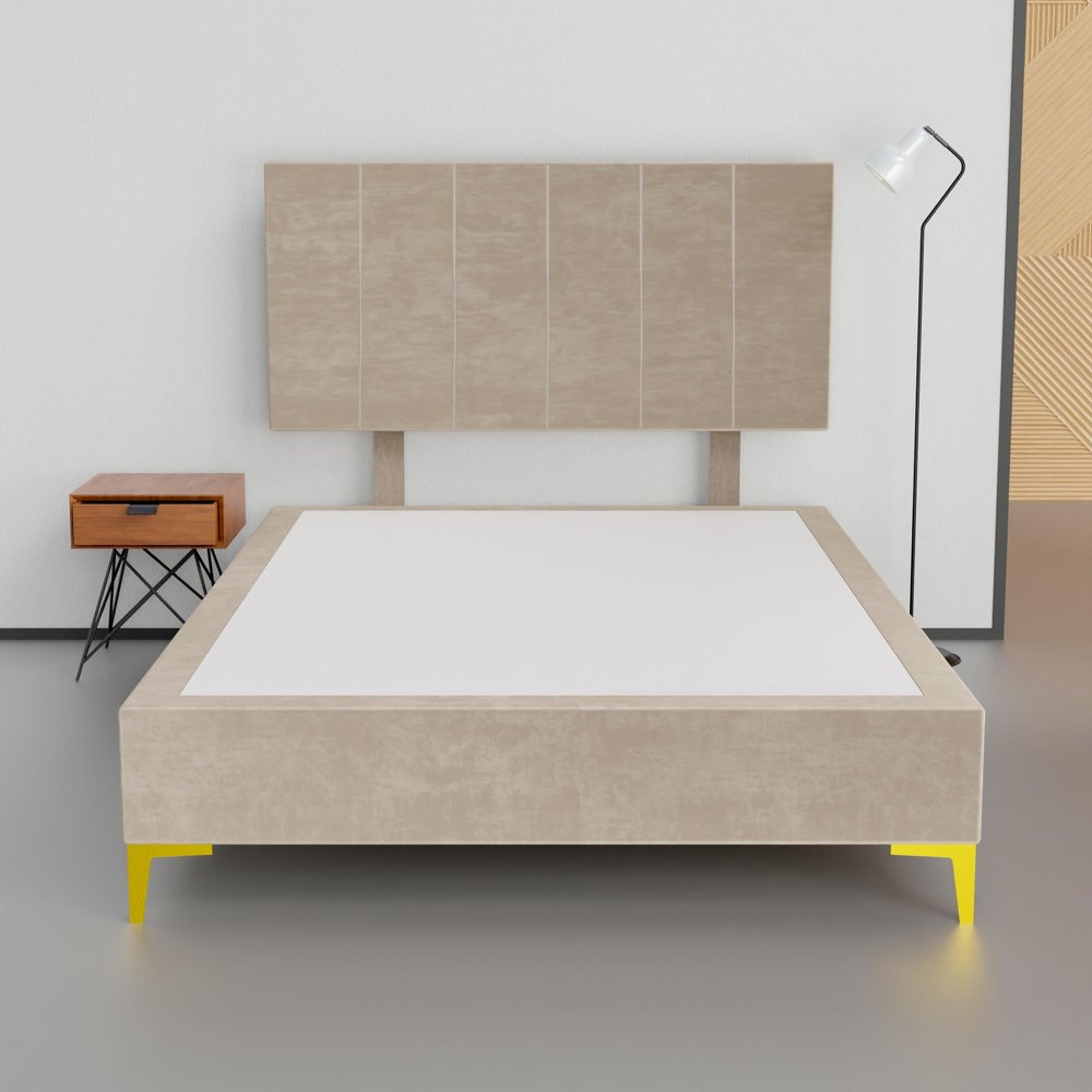 Greaton, 15 Premium Velvet Material Wood Platform Bed with Headboard, Durable, Stylish, Multi Colour Options, No Box Spring Needed, Golden Metal Legs, Twin, Beige