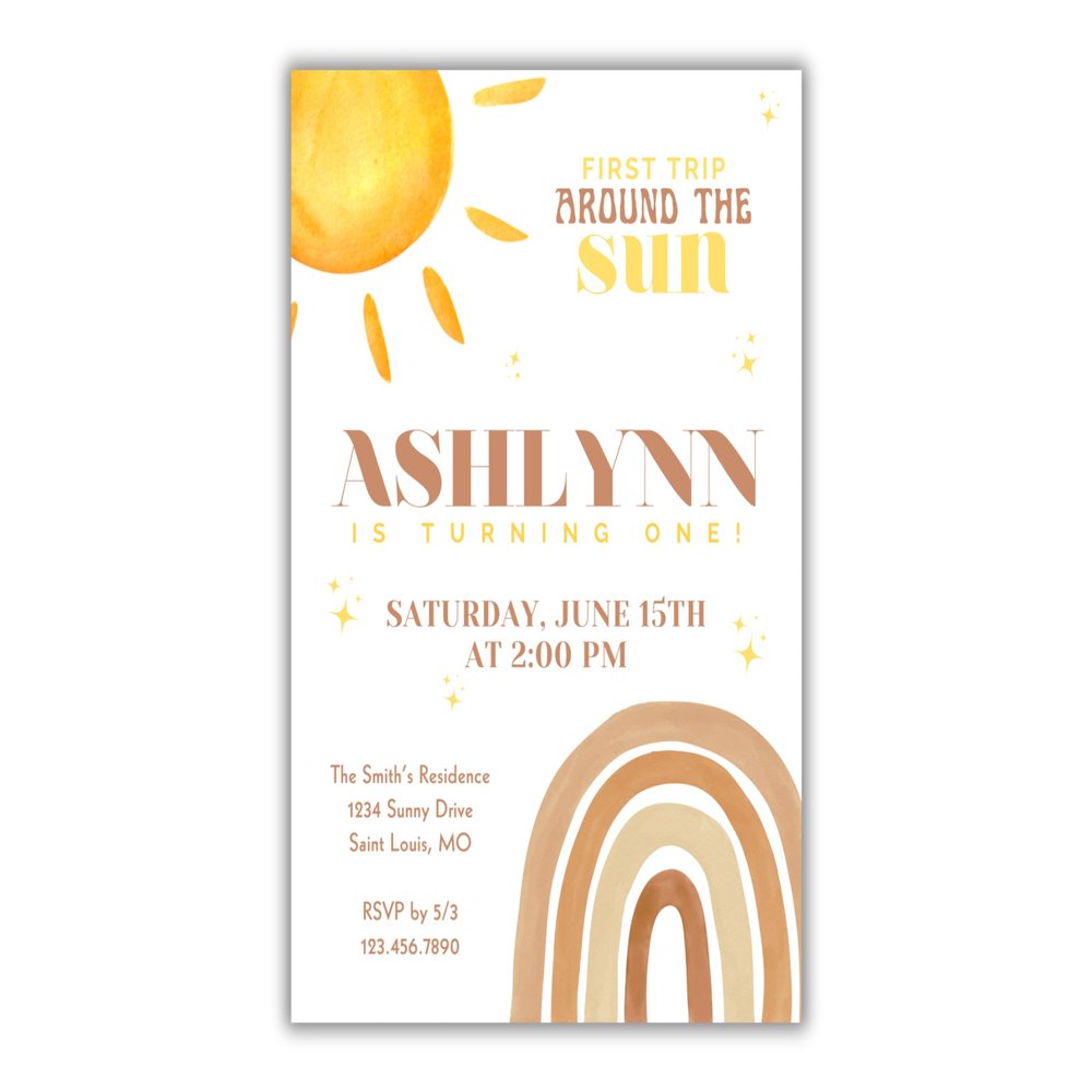 First Trip Around The Sun, Personalized Boho Rainbow Birthday Party Invitation, Digital or Printed Options
