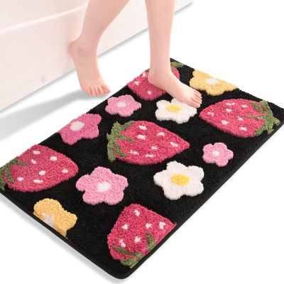 Anybar Black Bathroom Rugs Cute Strawberry Flower Bath Mat Bathroom Accessories, Funny Colorful Non Slip Floor Bath Rug Machine Washable Bathmat Soft Microfiber Carpet for Shower, Bathtub (18x25 inch)