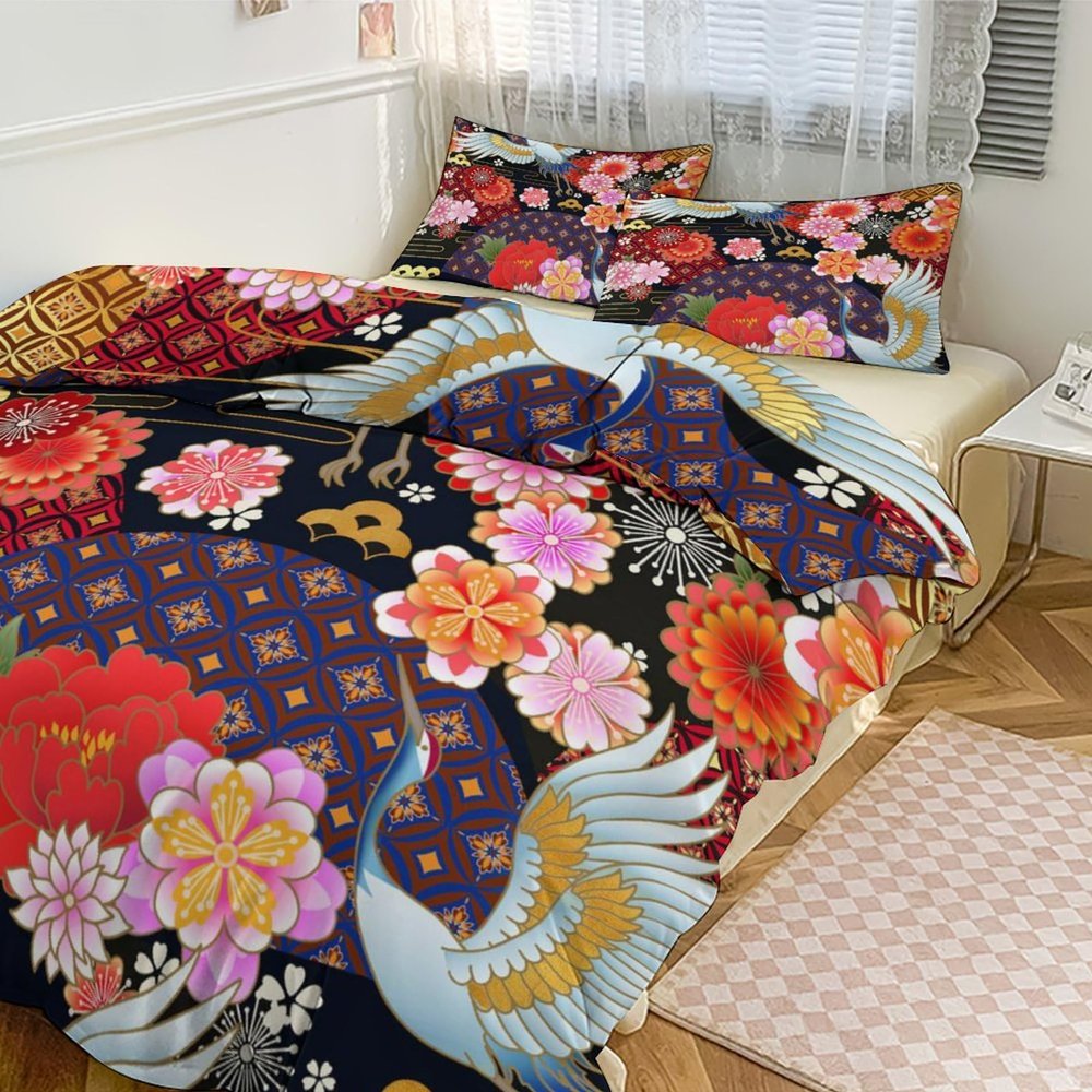 GDSCCLGX Japanese Crane Duvet Cover Full Size Set,Sea Flowers Clouds Asian Style Gold Design Blossoms Retro Japanese Comforter Cover Sets (1 Duvet Cover&2 Pillowcases)