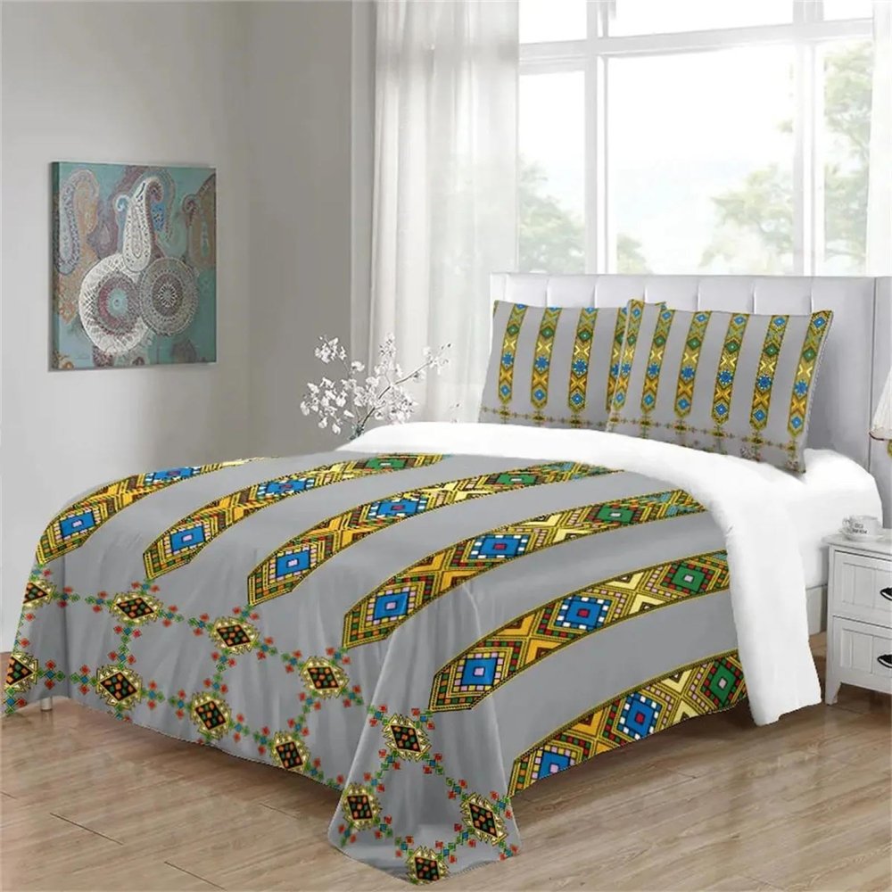 KQZVCU Gray Luxury Ethiopian Eritrean Polyester Double Bedding Sets Single Duvet Cover Set and 2 Pillow Cover Bedroom Decor 155x200cm /50x75cmx2