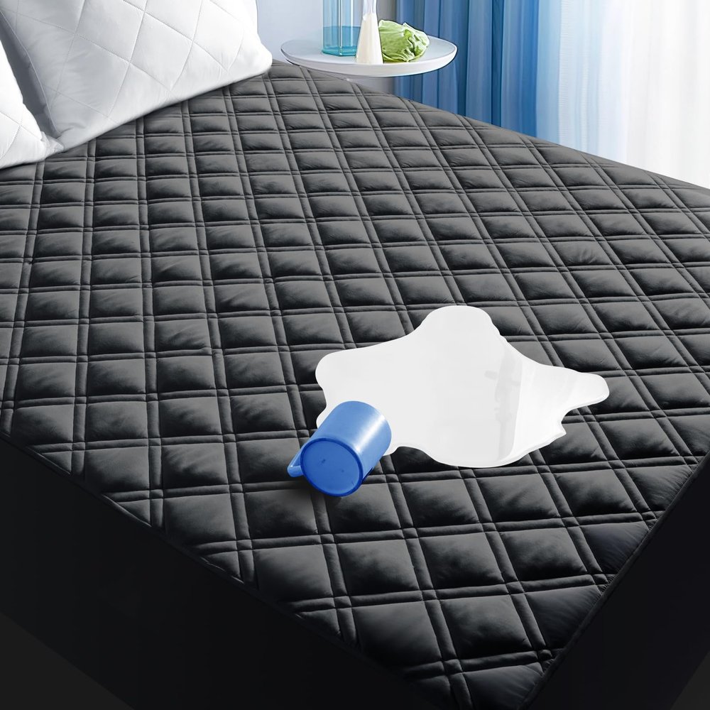 MEELUS King Mattress Protector, Breathable Waterproof Mattress Pad Cover Fitted Deep Pocket 8"-21", Soft Noiseless Mattress Cover Washable Cooling Padded for Home Hotel Bedroom, Black