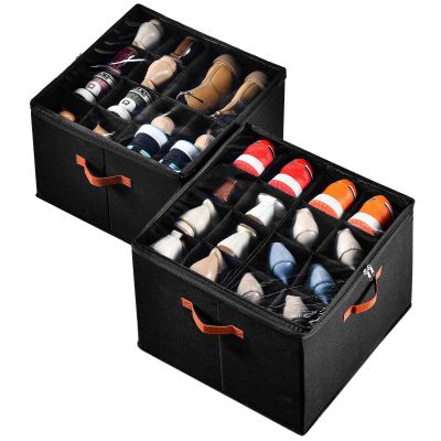 INSTY 2 Pack Shoe Organizer for Closet, Fits up to 32 Pairs, Adjustable Dividers for Shoe Storage, Space-Saving Shoe Bins and Clear Top, Black