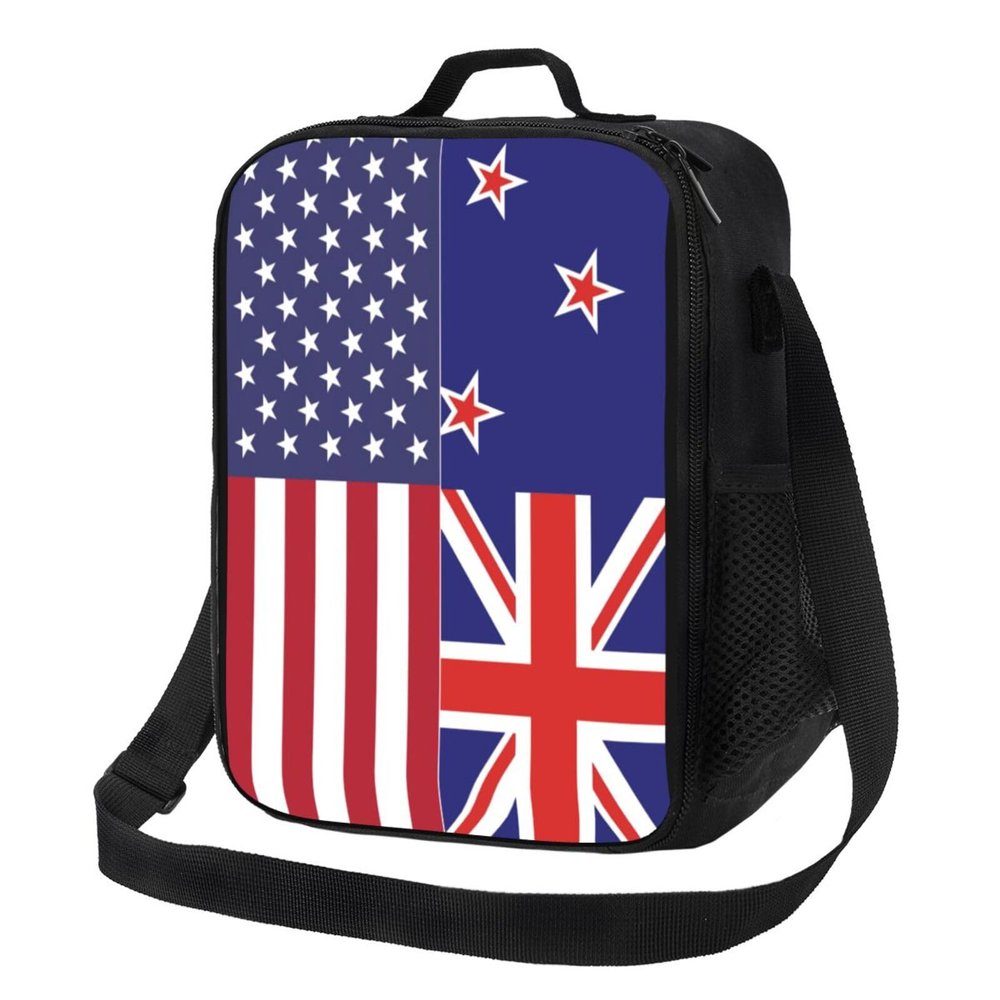 America New Zealand Friendship Flag Lunch Box with Side Pocket Leakproof Portable Lunch Bags for Office Beach Work